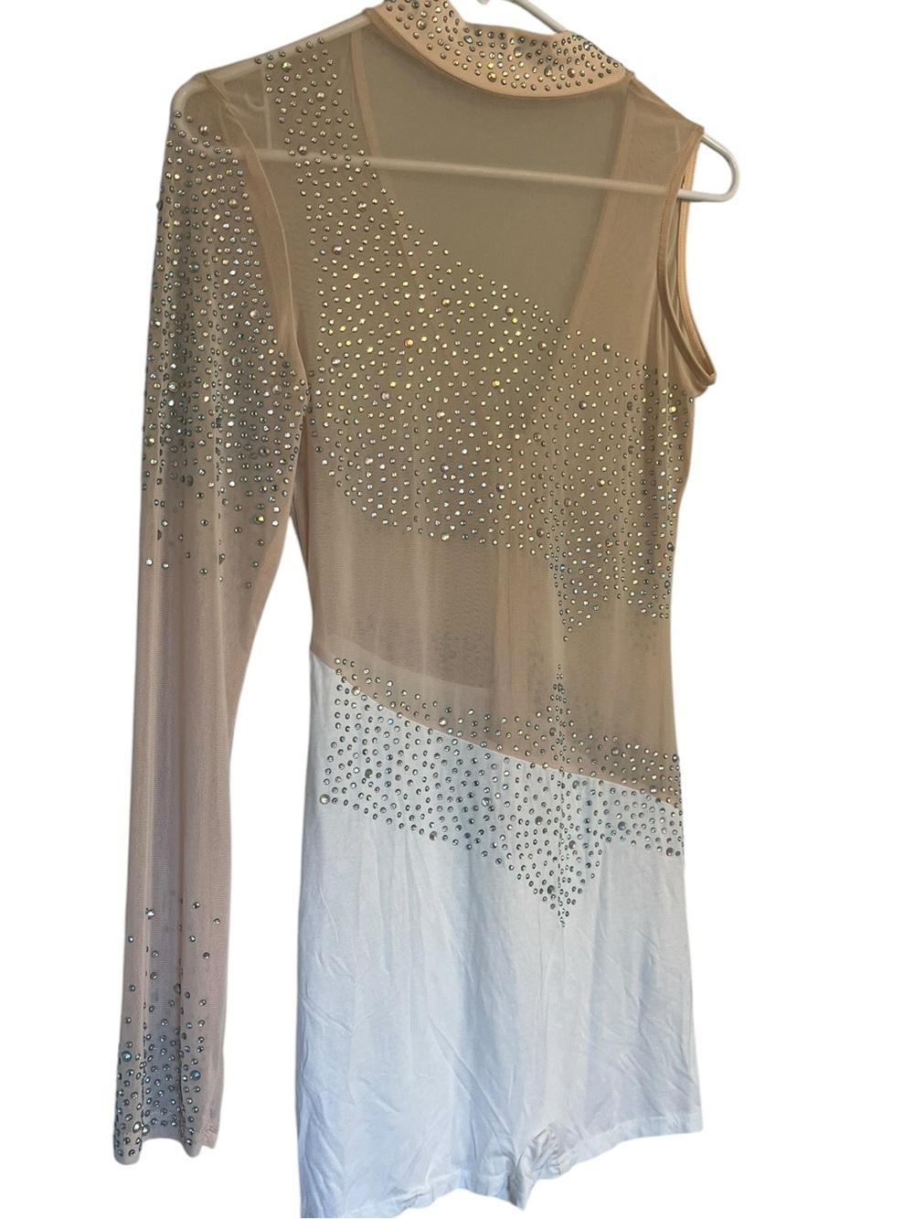 Asymmetrical One Sleeve Rhinestone Mesh Romper White Festival Rave Clubwear